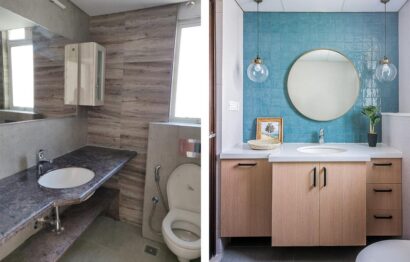 Bathroom design with turquoise tiled backsplash & wooden cabinet